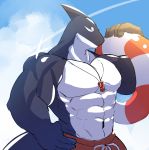  anthro cetacean clothed clothing cloud delphinoid jewelry male mammal marine muscular muscular_male necklace oceanic_dolphin orca outside pool_tube solo soraa standing swimming_trunks swimsuit toothed_whale topless 