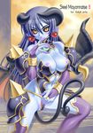  areolae armor astaroth_(shinrabanshou) black_sclera blue_hair blue_skin breasts bridal_gauntlets cleavage cover doujinshi earrings heart heart_earrings higuchi_isami horns jewelry large_breasts leotard leotard_aside licking long_hair nail_polish nipples pink_nails pointy_ears pussy shinrabanshou solo tail thighhighs tongue wings yellow_eyes 