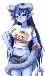  animated animated_gif astaroth_(shinrabanshou) black_sclera blue_skin cat clothes_writing covered_nipples demon_girl earrings futanari glasses heart heart_earrings horns jewelry penis pointy_ears sanrio_(nijiura) shinrabanshou solo succubus tail translated what 