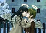  black_hair brown_hair closed_eyes coat haibane_renmei halo holding_hands interlocked_fingers kiss long_sleeves multiple_girls rakka reki shoulder_grab snow static_cling wings yuri 