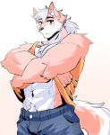  anthro canid canine canis clothed clothing fur hair looking_at_viewer male mammal muscular muscular_male navel open_mouth pubes shirt solo soraa standing tank_top wolf 