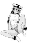  astaroth_(shinrabanshou) black_sclera denim denim_shorts greyscale hinemosu_notari horns monochrome open_clothes open_shorts pointy_ears shinrabanshou shorts solo 