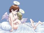  angel barefoot bed_sheet breasts duplicate flat_chest haibane_renmei hug jpeg_artifacts kuu large_breasts multiple_girls naked_sheet nude pillow rakka static_cling under_covers wings yuri 