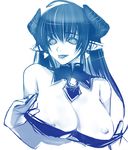  artist_request astaroth_(shinrabanshou) blue breasts cleavage huge_breasts long_hair monochrome nipples pointy_ears shinrabanshou simple_background solo tongue upper_body white_background 