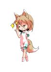  1girl animal_ears bangs black_eyes blonde_hair bow breasts brown_eyes chibi dairi eyebrows_visible_through_hair fox_ears fox_tail full_body green_bow hair_between_eyes hand_up kudamaki_tsukasa looking_to_the_side open_mouth romper short_hair short_sleeves simple_background small_breasts smile smug socks solo standing star_(symbol) tachi-e tail test_tube touhou transparent_background white_legwear white_sleeves 