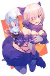  1girl animal_ears bangs bare_shoulders blush bow breasts cleavage echo_(circa) elbow_gloves fate/grand_order fate_(series) fou_(fate) fur-trimmed_gloves fur-trimmed_legwear fur_collar fur_trim gloves hair_over_one_eye lace-trimmed_legwear lace_trim large_breasts light_purple_hair looking_back mash_kyrielight mash_kyrielight_(dangerous_beast) o-ring open_mouth purple_eyes purple_gloves purple_legwear purple_tail revealing_clothes short_hair tail wolf_ears wolf_tail 