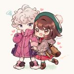  1boy 1girl :d ahoge backpack bag bangs bede_(pokemon) blush boots brown_bag brown_eyes brown_footwear brown_hair buttons cable_knit cardigan chibi closed_mouth coat collared_dress commentary_request curly_hair eyelashes full_body gloria_(pokemon) green_headwear green_legwear grey_cardigan grey_eyes grey_hair hand_up hat heart hooded_cardigan leggings long_sleeves open_mouth plaid plaid_legwear pokemon pokemon_(game) pokemon_swsh purple_coat shoes short_hair smile socks squiggle tam_o&#039;_shanter white_legwear zzzpani 