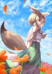  1girl animal_ears bare_shoulders black_hair blonde_hair blue_hair braid closed_mouth clothing_cutout field flower flower_field forehead fox_ears fox_girl fox_tail from_below from_side green_skirt hair_over_shoulder highres hololive long_hair long_skirt looking_at_viewer multicolored_hair omaru_polka parted_hair petals pink_hair purple_eyes short_sleeves shoulder_cutout side_braid skirt smile solo streaked_hair tail virtual_youtuber wind xyunx 