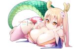  1girl blonde_hair blush breasts cleavage closed_mouth dragon_tail eating flower hair_flower hair_ornament horns hot_vr huge_breasts japanese_clothes kimono kobayashi-san_chi_no_maidragon lying orange_eyes simple_background slit_pupils solo tail thighhighs tohru_(maidragon) watermark white_background yukata 