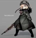  1girl blonde_hair blue_eyes boots closed_mouth full_body gloves goggles goggles_on_headwear gun hat karukan_(monjya) looking_at_viewer military military_uniform short_hair simple_background solo tanya_degurechaff uniform weapon youjo_senki 
