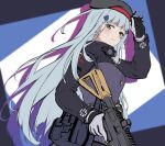  1girl 3_small_spiders :o assault_rifle bangs beret black_headwear blue_hair blush breasts crossed_bangs eyebrows_visible_through_hair from_above girls&#039;_frontline gloves green_eyes gun h&amp;k_hk416 hand_on_headwear hat highres hk416_(girls&#039;_frontline) holding holding_gun holding_weapon long_hair looking_at_viewer medium_breasts open_mouth rifle simple_background solo tactical_clothes teardrop_facial_mark teardrop_tattoo uniform upper_body weapon white_gloves 