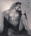  1boy abs bara bare_pectorals falling_petals flower forked_eyebrows genji_(overwatch) greyscale hand_on_own_face hand_on_own_head head_rest japanese_clothes kimono large_pectorals looking_at_viewer male_focus monochrome muscular muscular_male navel nipples overwatch parted_lips pectorals petals revealing_clothes short_hair sideburns sitting solo veins veiny_arms zeilyanart 