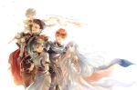  2girls 3boys :d ^_^ armor bangs black_gloves black_hair blue_dress blue_eyes brown_hair brown_pants cape carrying closed_eyes copyright_name detached_sleeves dress eliwood_(fire_emblem) fingerless_gloves fire_emblem fire_emblem:_the_blazing_blade floating_hair gloves green_eyes green_hair grin hector_(fire_emblem) high_ponytail kuzumosu long_dress long_hair long_sleeves lyn_(fire_emblem) multiple_boys multiple_girls nils_(fire_emblem) ninian_(fire_emblem) pants red_cape red_eyes short_hair shorts shoulder_armor side_slit silver_hair simple_background sleeveless sleeveless_dress smile very_long_hair white_background white_sleeves 