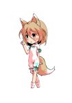  1girl animal_ears bangs black_eyes blonde_hair blush bow breasts brown_eyes chibi dairi eyebrows_visible_through_hair fox_ears fox_tail full_body green_bow hair_between_eyes hand_up kudamaki_tsukasa looking_to_the_side open_mouth romper short_hair short_sleeves simple_background small_breasts socks solo standing tachi-e tail test_tube touhou transparent_background white_legwear white_sleeves 