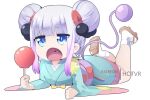  1girl bangs blue_eyes blunt_bangs double_bun eyebrows_visible_through_hair food gradient_hair holding hot_vr japanese_clothes kanna_kamui kimono kobayashi-san_chi_no_maidragon legs_up lying multicolored_hair on_stomach open_mouth purple_hair sandals simple_background solo tabi watermark white_background yukata 