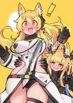  ! +_+ 2girls :d ^^^ animal_ear_fluff animal_ears arknights armor bangs belly_grab black_gloves blemishine_(arknights) blemishine_(moon_catastrborn)_(arknights) blonde_hair blunt_bangs blush breasts clawed_gauntlets commentary cowboy_shot ditienan_ddn embarrassed eyebrows_visible_through_hair full-face_blush gauntlets gloves hair_between_eyes headset large_breasts long_hair multiple_girls nearl_(arknights) nearl_the_radiant_knight_(arknights) official_alternate_costume siblings side_slit simple_background sisters skindentation smile standing surprised thigh_gap thigh_strap thighs torso_grab v-shaped_eyebrows yellow_background yellow_eyes 