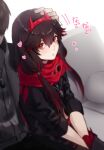  1boy 1girl :o bangs black_gloves black_jacket brown_hair closed_mouth couch dog_tags gloves hair_between_eyes headband headpat heart holding_another&#039;s_head jacket long_hair looking_at_viewer lucia_(punishing:_gray_raven) open_mouth punishing:_gray_raven red_eyes red_hair red_neckwear sachiko_y scarf sitting sleeves_past_elbows twintails 