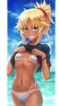  1girl :d beach bikini black_shirt blonde_hair bracelet braid breasts clothes_lift day eyebrows_visible_through_hair fate/apocrypha fate/grand_order fate_(series) grin highres jewelry midriff mordred_(fate) mordred_(swimsuit_rider)_(fate) navel ocean ponytail red_scrunchie ribs scrunchie shirt shirt_lift side-tie_bikini small_breasts smile string string_bikini swimsuit tan tanlines teeth toned tonee white_bikini 