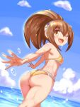  1girl ass azure_striker_gunvolt breasts brown_eyes brown_hair cloud cougar_(cougar1404) gunvolt_chronicles_luminous_avenger_ix hairband kohaku_(luminous_avenger_ix) long_hair looking_at_viewer one_eye_closed open_mouth ponytail smile solo swimsuit water 