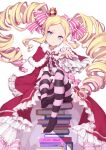  1girl beatrice_(re:zero) blonde_hair blue_eyes book book_stack capelet crown dress drill_hair frilled_dress frilled_sleeves frills fur-trimmed_capelet fur_trim hair_ornament hair_ribbon hand_up mini_crown multicolored_eyes pantyhose re:zero_kara_hajimeru_isekai_seikatsu ribbon sitting_on_books solo twin_drills zjsstc 