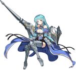  1girl ark_order armor armored_boots artist_request bangs bare_shoulders black_corset black_legwear blue_cape blue_hair boots bra braid breasts cape closed_mouth corset full_body gareth_(ark_order) grey_footwear holding holding_shield holding_weapon large_breasts long_hair official_art shield sitting solo tachi-e thigh_boots thighhighs transparent_background underwear weapon white_bra yellow_eyes 