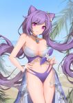  1girl absurdres ai_dongdong beach breasts choker cleavage day frilled_skirt frills genshin_impact hair_bun highres keqing_(genshin_impact) large_breasts long_hair long_skirt looking_at_viewer navel ocean outdoors palm_tree purple_eyes purple_hair purple_swimsuit skirt smile standing swimsuit tree twintails very_long_hair water 