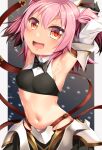  1girl astolfo_(fate) astolfo_(saber)_(fate) astolfo_(saber)_(fate)_(cosplay) black_bow black_bowtie blush bow bowtie colored_tips cosplay cowboy_shot eyebrows_visible_through_hair fang fate/grand_order fate_(series) groin hair_between_eyes highres kantai_collection kunashiri_(kancolle) midriff navel open_mouth pink_hair short_hair smile solo two_side_up wing_collar yasume_yukito yellow_eyes 