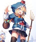 2girls :d animal_hood bangs black_legwear black_skirt blonde_hair blue_eyes blue_hair blue_hoodie blush candy clapping commentary cosplay eyebrows_visible_through_hair fish_tail food gawr_gura gawr_gura_(cosplay) highres holding holding_polearm holding_weapon hololive hololive_english hood hood_up hoodie kuri_(animejpholic) long_sleeves multicolored_hair multiple_girls neckerchief open_mouth orange_neckerchief pleated_skirt polearm pouch shark_hood shark_tail simple_background skirt smile streaked_hair symbol-only_commentary tail teeth thighhighs trident upper_teeth virtual_youtuber watson_amelia weapon white_background 