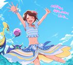  1girl :d arms_up bangs blue_sarong blue_shirt blush brown_hair closed_eyes cloud day eyelashes gloria_(pokemon) grimmsnarl highres inteleon jewelry knees kurobe_sclock navel necklace official_alternate_costume open_mouth outdoors pokemon pokemon_(creature) pokemon_(game) pokemon_masters_ex sarong scrunchie shirt short_hair sky sleeveless sleeveless_shirt smile teeth tongue upper_teeth water wrist_scrunchie 