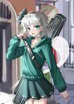  1girl absurdres ailu_elf aqua_eyes black_bow black_ribbon bow breasts case collarless_shirt green_hoodie green_skirt hair_ribbon highres hitodama hitodama_print hood hoodie konpaku_youmu konpaku_youmu_(ghost) long_sleeves outdoors ribbon road shirt short_hair silver_hair skirt small_breasts solo street touhou white_shirt zipper 