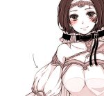  1girl arrow_(symbol) bangs blush breasts cleavage collarbone commentary_request dress extra_eyes facial_mark frills grey_background hair_ornament kirishima_touka large_breasts monochrome official_alternate_costume puffy_sleeves short_hair simple_background single_bare_shoulder smile tiara tokyo_ghoul tokyo_ghoul:re toukaairab wedding_dress 