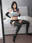  1girl bed bedroom black_hair black_legwear black_skirt breasts cellphone closed_mouth crop_top dangle_earrings earrings elbow_sleeve final_fantasy final_fantasy_vii final_fantasy_vii_remake full_body hand_on_hip highres holding holding_phone jewelry large_breasts light_smile lips long_hair looking_at_phone midriff mirror navel nhaliz no_shoes on_bed phone red_eyes reflection selfie signature sitting skirt smartphone solo stomach straight_hair tank_top thighhighs thighs tifa_lockhart twitter_username white_tank_top zettai_ryouiki 