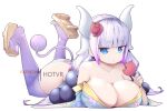  1girl alternate_breast_size bangs blunt_bangs breasts cleavage dragon_horns eating eyebrows_visible_through_hair food horns hot_vr japanese_clothes kanna_kamui kimono kobayashi-san_chi_no_maidragon large_breasts legs_up light_purple_hair long_hair lying older on_stomach sidelocks simple_background solo tabi thighhighs thighs watermark white_background yukata 