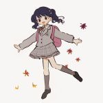  1girl :d bag blazer commentary dark_blue_hair falling_leaves fang flower fukumaru_koito full_body gooooskap hair_flower hair_ornament highres idolmaster idolmaster_shiny_colors jacket kneehighs leaf looking_at_viewer maple_leaf outstretched_arms oxfords plaid plaid_skirt pleated_skirt school_bag school_uniform simple_background skin_fang skirt smile solo symbol-only_commentary twintails wavy_hair white_background 