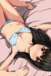  1girl absurdres bare_arms bare_legs bare_shoulders barefoot bed_sheet black_hair blue_bra blue_panties blush bow bow_bra bow_panties bra breasts brown_eyes closed_mouth collarbone dutch_angle highres long_hair looking_at_viewer lying matsunaga_kouyou navel nose_blush on_back original panties small_breasts smile solo underwear underwear_only 
