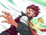  1boy absurdres brown_hair commentary_request cougar_(cougar1404) gloves highres kazuma_(scryed) looking_at_viewer male_focus open_mouth power_fist red_hair scryed shirt simple_background solo spiked_hair white_background 