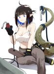  1girl absurdres ahoge arknights bangs bare_shoulders black_hair blue_eyes blue_hair blunt_bangs breasts camisole closed_mouth crop_top drawdrawdeimos eunectes_(arknights) eunectes_(forgemaster)_(arknights) eyebrows_visible_through_hair gas_pump_nozzle gloves highres multicolored_hair navel official_alternate_costume pants pointy_ears short_hair smug snake_tail solo tail two-tone_hair welding_mask 