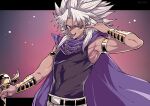  1boy armlet bangs belt big_hair black_belt cape commentary_request dark-skinned_male dark_skin hand_up jewelry looking_at_viewer male_focus millennium_rod open_mouth pants purple_cape shirt sleeveless sleeveless_shirt smile solo spiked_hair teeth tongue tongue_out upper_teeth veins white_hair yami_marik yazakc yu-gi-oh! yu-gi-oh!_duel_monsters 