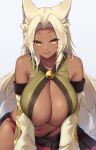  1girl :d animal_ear_fluff animal_ears bare_shoulders black_skirt blonde_hair breast_squeeze breasts commentary commission dark-skinned_female dark_skin detached_sleeves facial_mark highres huge_breasts long_hair long_sleeves looking_at_viewer navel open_mouth original pleated_skirt sanpaku simple_background skeb_commission skirt smile solo suruga_(xsurugax) very_long_hair whisker_markings white_background yellow_eyes 