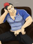  1boy alternate_costume bandaid bandaid_on_nose bara black_hair black_shorts blue_shirt commentary_request elbow_rest feet_out_of_frame kill_la_kill kinagase_tsumugu long_sideburns male_focus male_pubic_hair midriff_peek mohawk multicolored_hair muscular muscular_male no_male_underwear one_eye_closed open_fly open_pants pants partially_unbuttoned pectoral_cleavage pectorals penis penis_peek porkjinta pubic_hair pubic_hair_peek red_hair shirt short_hair shorts sideburns solo striped striped_shirt two-tone_hair 