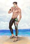  1boy abs anklet bara beach black_hair black_male_swimwear brown_eyes bulge cloud cloudy_sky day eating flip-flops food forked_eyebrows genji_(overwatch) highres holding holding_food jewelry large_pectorals legskin looking_at_viewer male_focus male_swimwear muscular muscular_male navel necklace nipples ocean outdoors overwatch pectorals popsicle sandals short_hair sideburns sky solo summer thick_thighs thighs topless_male veins veiny_arms water wristband zeilyanart 