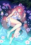  1girl animal_ears bare_legs barefoot blue_eyes breasts brown_hair candle cat_ears character_request china_dress chinese_clothes dress extra_ears fish flower full_body goldfish highres ken-san looking_at_viewer lying medium_breasts on_side shallow_water side_slit solo virtual_youtuber water white_dress 