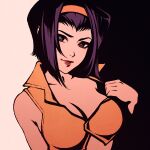  1girl adjusting_clothes bare_shoulders black_background bob_cut breasts cleavage commentary cowboy_bebop faye_valentine green_eyes hair_slicked_back hairband high_contrast lipstick looking_at_viewer makeup medium_breasts midriff moshimoshibe parted_lips purple_hair red_lips shirt short_hair simple_background smile solo upper_body white_background yellow_hairband yellow_shirt 