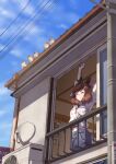  1girl air_conditioner animal_ears arm_up bird blouse brown_hair closed_eyes cloud commentary_request day denim denim_shorts highres holding_own_arm horse_ears horse_girl horse_tail navel nice_nature_(umamusume) open_window power_lines red_shirt satellite_dish satomura_kyou shirt short_twintails shorts smile solo sparrow standing stretch tail twintails umamusume white_blouse window 