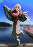  1girl ;d absurdres blonde_hair blue_sky blurry blurry_background blush brown_eyes character_request floating_hair full_body grey_skirt highres long_hair long_skirt looking_at_viewer one_eye_closed open_mouth pink_x red_shirt shirt skirt sky smile solo standing standing_on_one_leg very_long_hair 