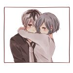  1boy 1girl arms_around_neck bangs black_hair black_shirt blush breasts brown_eyes collared_shirt eyebrows_visible_through_hair from_side grey_background grey_hair grey_necktie grey_neckwear grey_sweater hug kaneki_ken kirishima_touka long_sleeves medium_breasts multicolored_hair necktie sasaki_haise shirt short_hair simple_background sweater tokyo_ghoul tokyo_ghoul:re toukaairab two-tone_hair upper_body white_background 