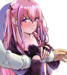  1girl 3_small_spiders arm_hug blush breasts closed_mouth collarbone eyebrows_visible_through_hair girls&#039;_frontline gloves highres jacket long_hair looking_at_viewer pink_hair purple_eyes purple_gloves purple_jacket shadow side_ponytail small_breasts solo st_ar-15_(girls&#039;_frontline) upper_body white_background 