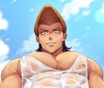  1boy bara black_hair brown_eyes brown_hair cloud cloudy_sky commentary_request covered_abs danganronpa_(series) from_below highres large_pectorals male_focus medium_hair muscular muscular_male oowada_mondo pectoral_cleavage pectoral_focus pectorals pompadour qwq1151h seductive_smile see-through shirt sidepec sky smile solo tank_top upper_body wet wet_clothes wet_shirt white_tank_top 