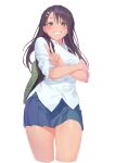  1girl absurdres backpack bag black_hair blue_skirt blush brown_eyes dark-skinned_female dark_skin earclip grin hair_ornament hairclip highres ijiranaide_nagatoro-san looking_at_viewer medium_hair miniskirt nagatoro_hayase pleated_skirt school_uniform seongsu_twit shirt short_eyebrows simple_background skirt sleeves_rolled_up smile solo v white_background white_shirt 