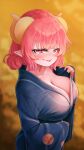  1girl blurry blurry_background blush breasts cleavage collarbone commentary_request curled_horns dot_nose hair_bun highres horns huge_breasts ilulu_(maidragon) japanese_clothes kimono kobayashi-san_chi_no_maidragon looking_at_viewer multicolored_hair no_bra pink_hair pointy_ears purple_hair raised_eyebrow red_eyes sidelocks slit_pupils solo tongue tongue_out wakaba_(945599620) yukata 
